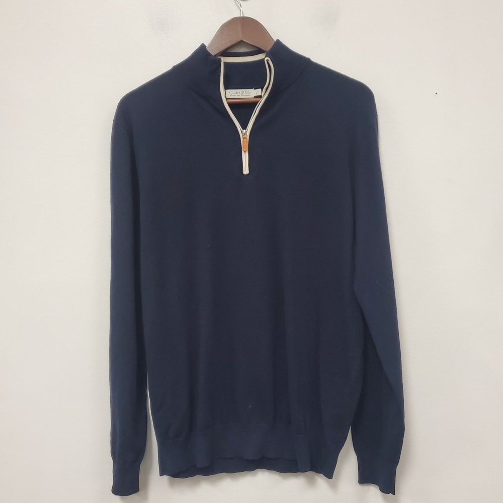 Collars & Co Mens Cotton Cashmere Zip Pullover Sweater Size L Blue Nautical